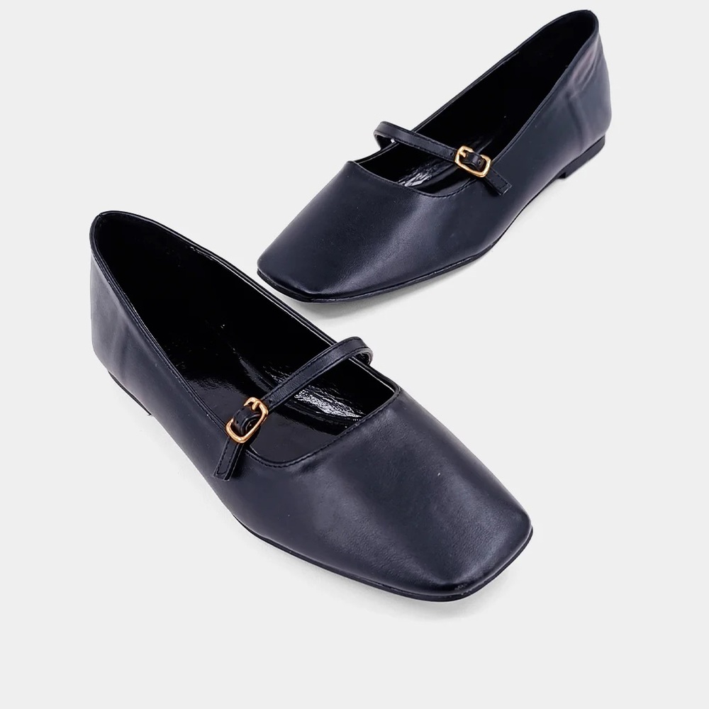 ShuShop Adele Black Flats with Gold Buckle and Strap